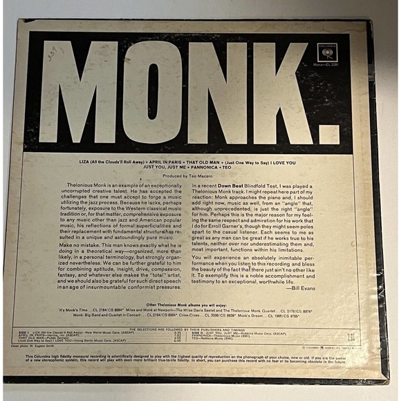 THELONIOUS MONK 'MONK' LP UK IMPORT MONO - NM ORIGINAL 1965 - CL 2291 - Picture 2 of 5